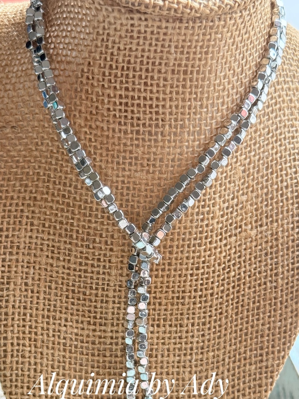 EXAGGERATED LARIAT Silver Faceted Bead Wrap Necklace with silver shell 🐚 tips - Picture 3 of 4